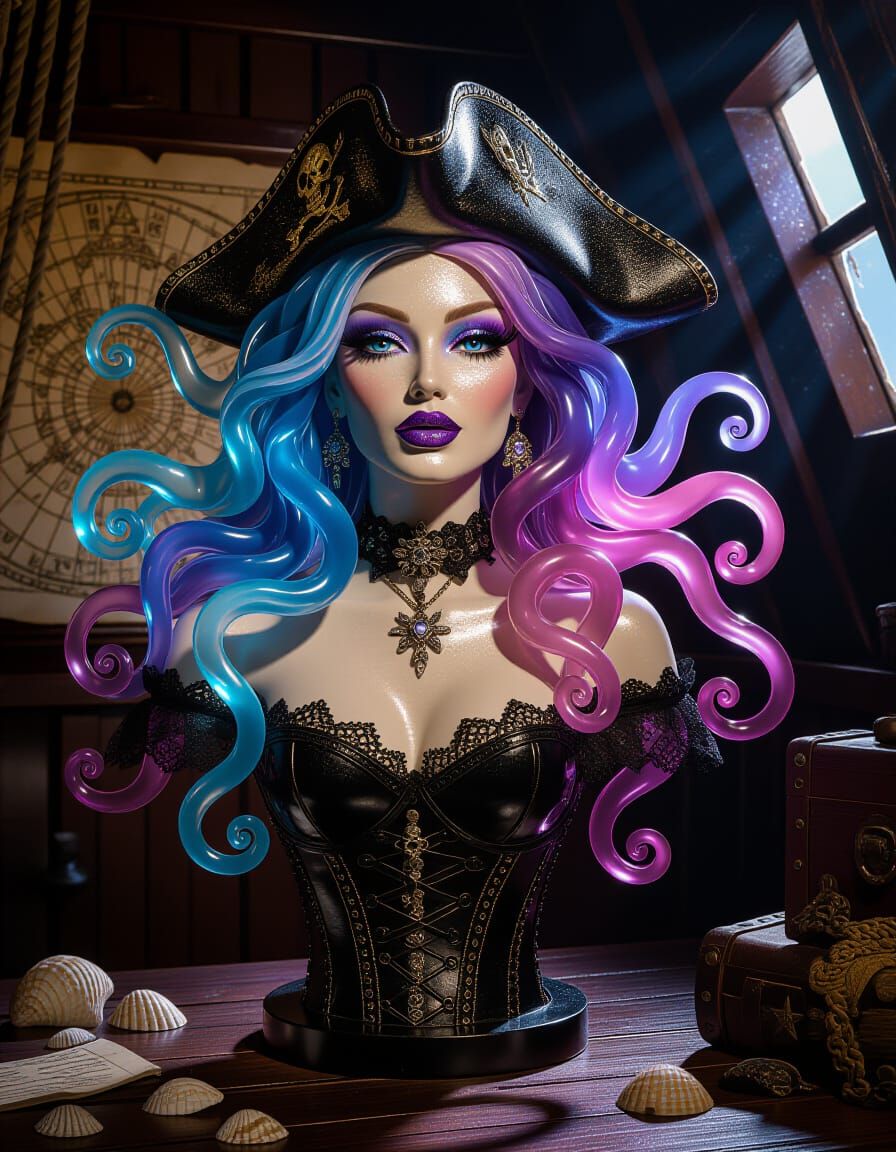 Pirate-Boho Woman Glass Sculpture with Ethereal Hair