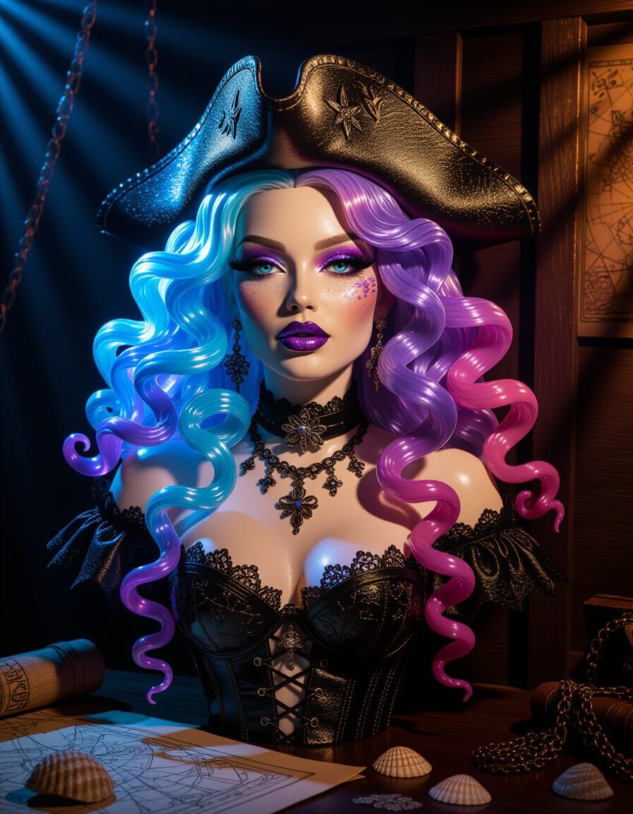 Glass Sculpture of Pirate-Boho Woman with Tentacle Hair