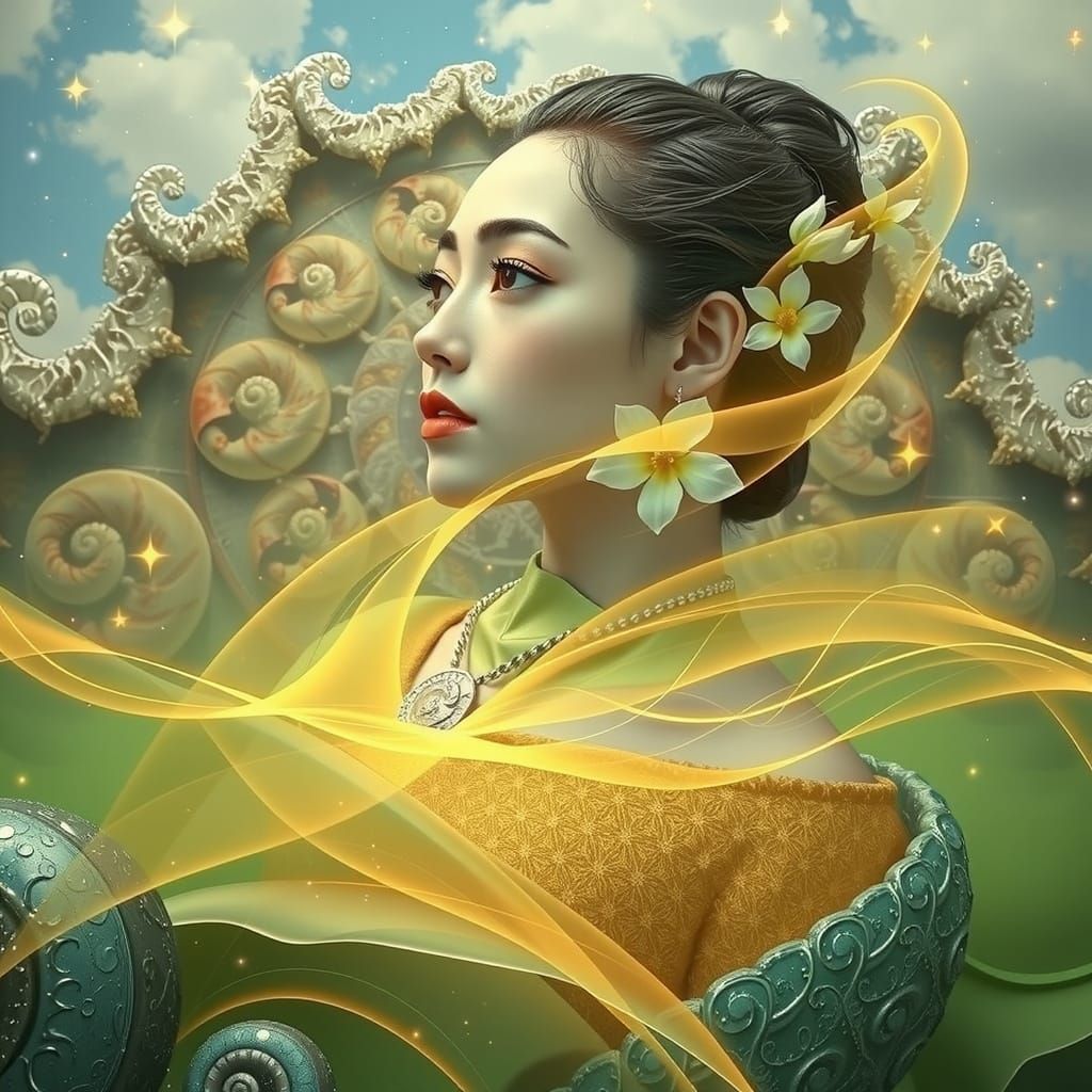 Woman with Jasmine and Fractal Patterns in 3D CGI Style