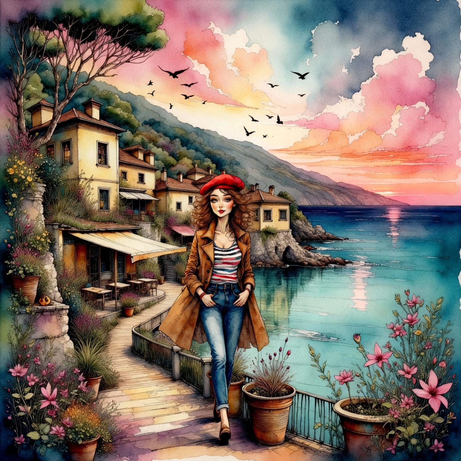 Woman Strolling French Riviera at Dawn