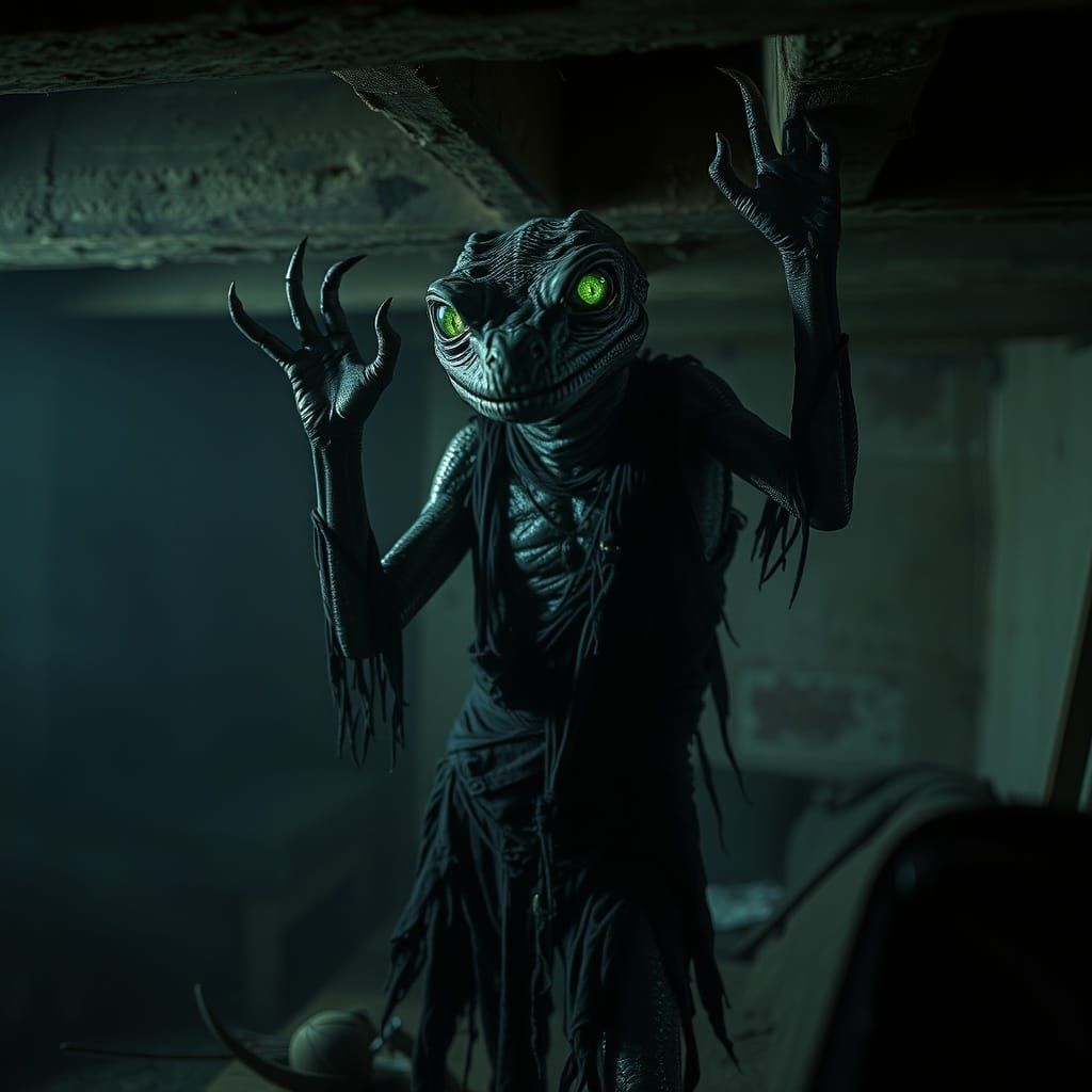 Reptilian Horror Character in Dark, Dusty Attic