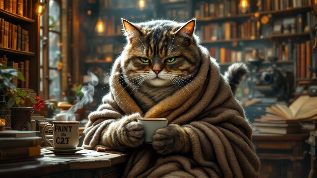 Whimsical Cat Sips Coffee in Elegant Art Deco Print Shop