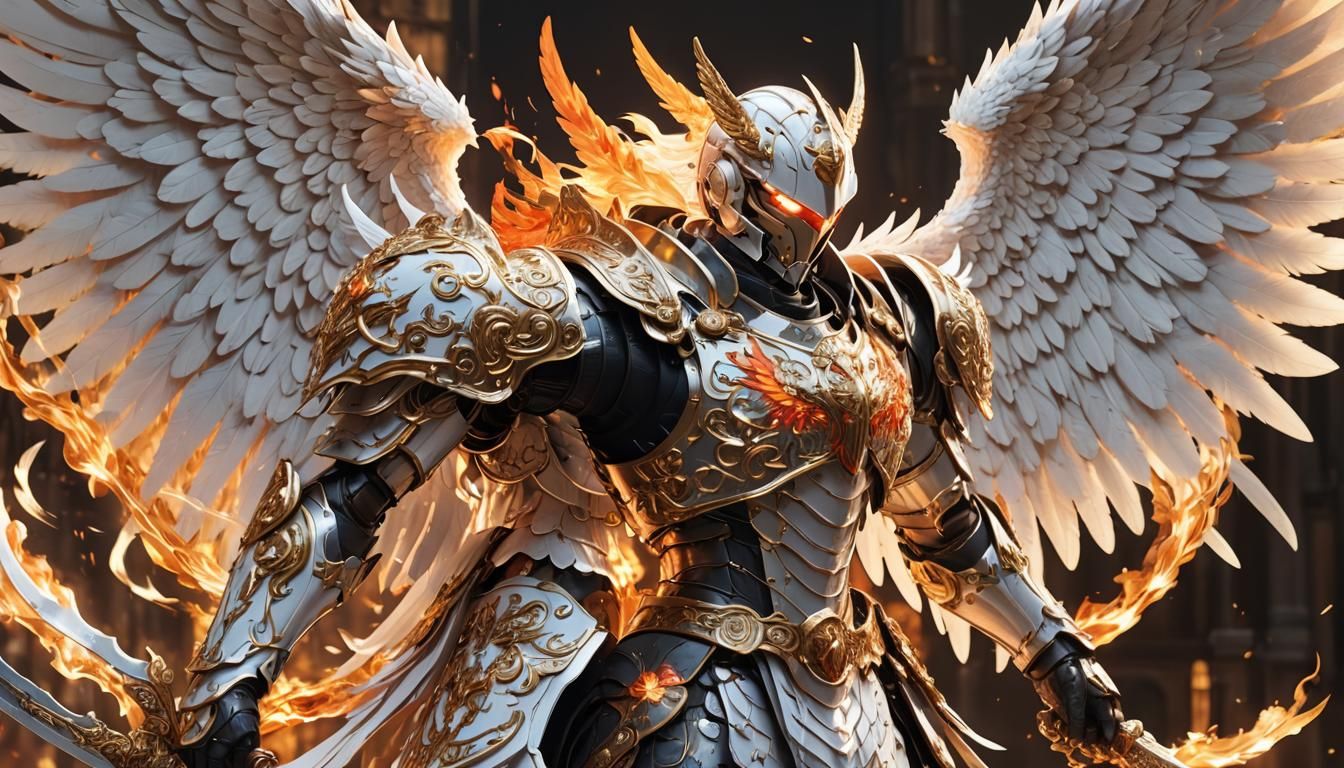 Anime Angel in Armor with Flaming Sword