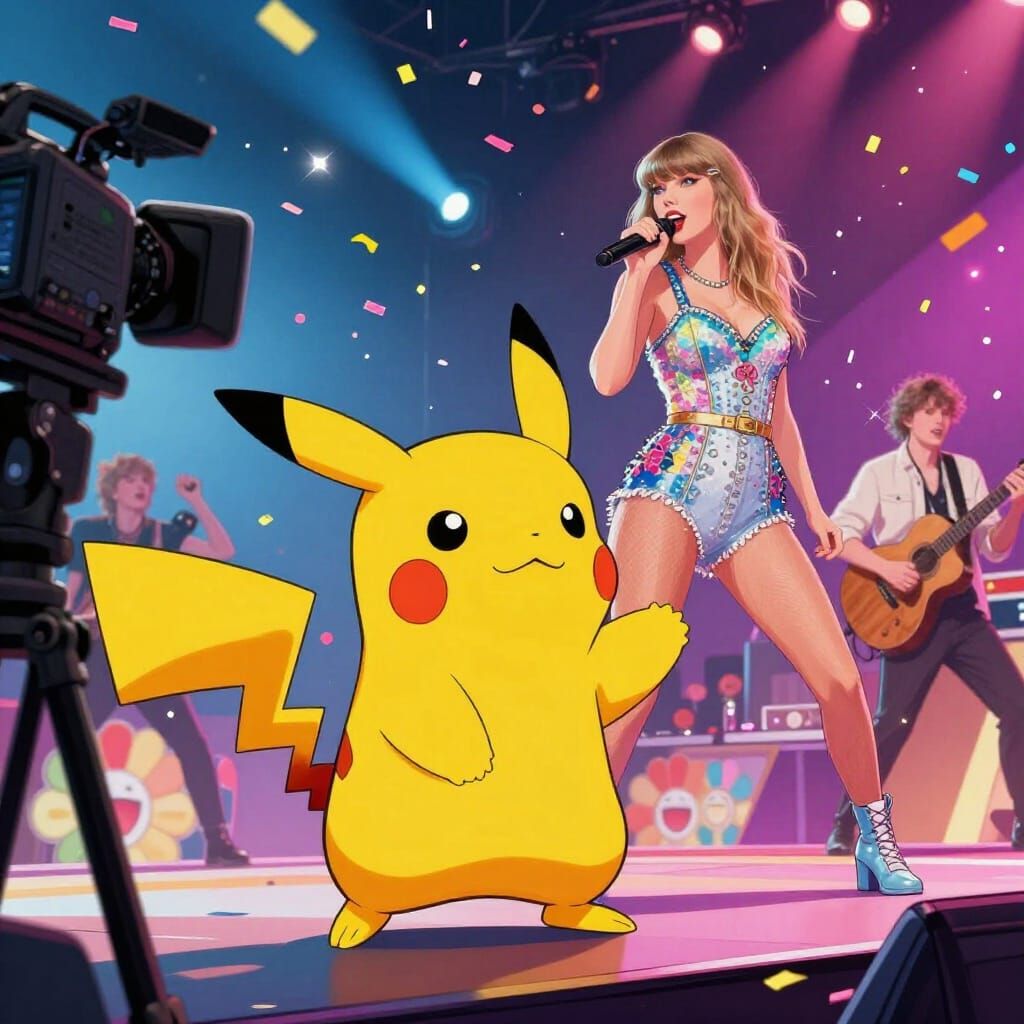 Pikachu and Taylor Swift Rocking a Vibrant Concert Stage