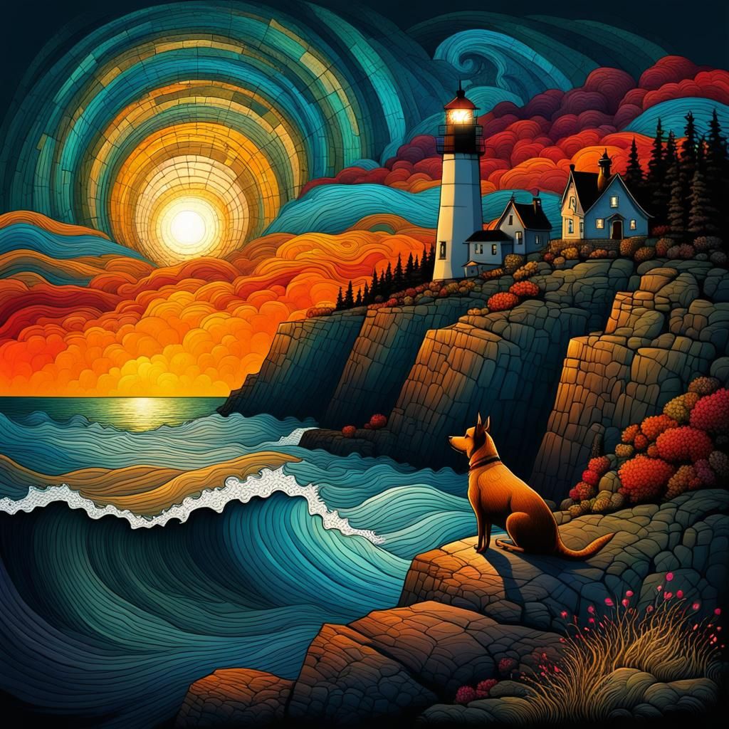 Dog Watching Lighthouse in Folk Art Style