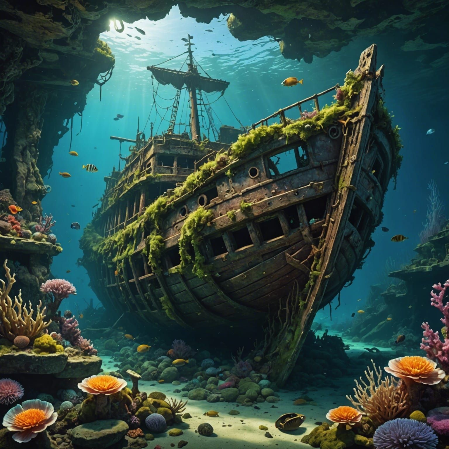 Sunken Viking Shipwreck in Deep Sea