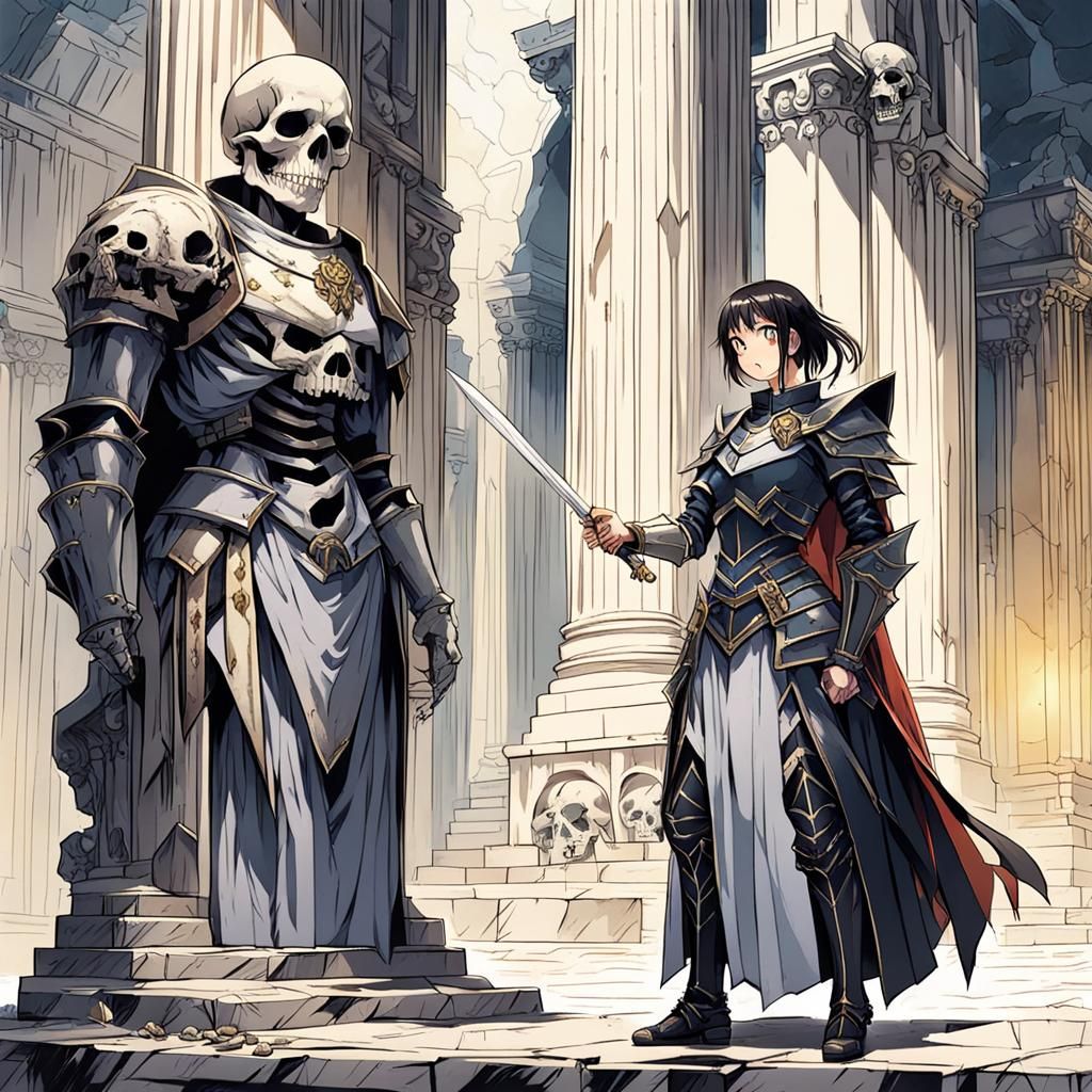 Anime Knight Points to Skull on Marble Pillar