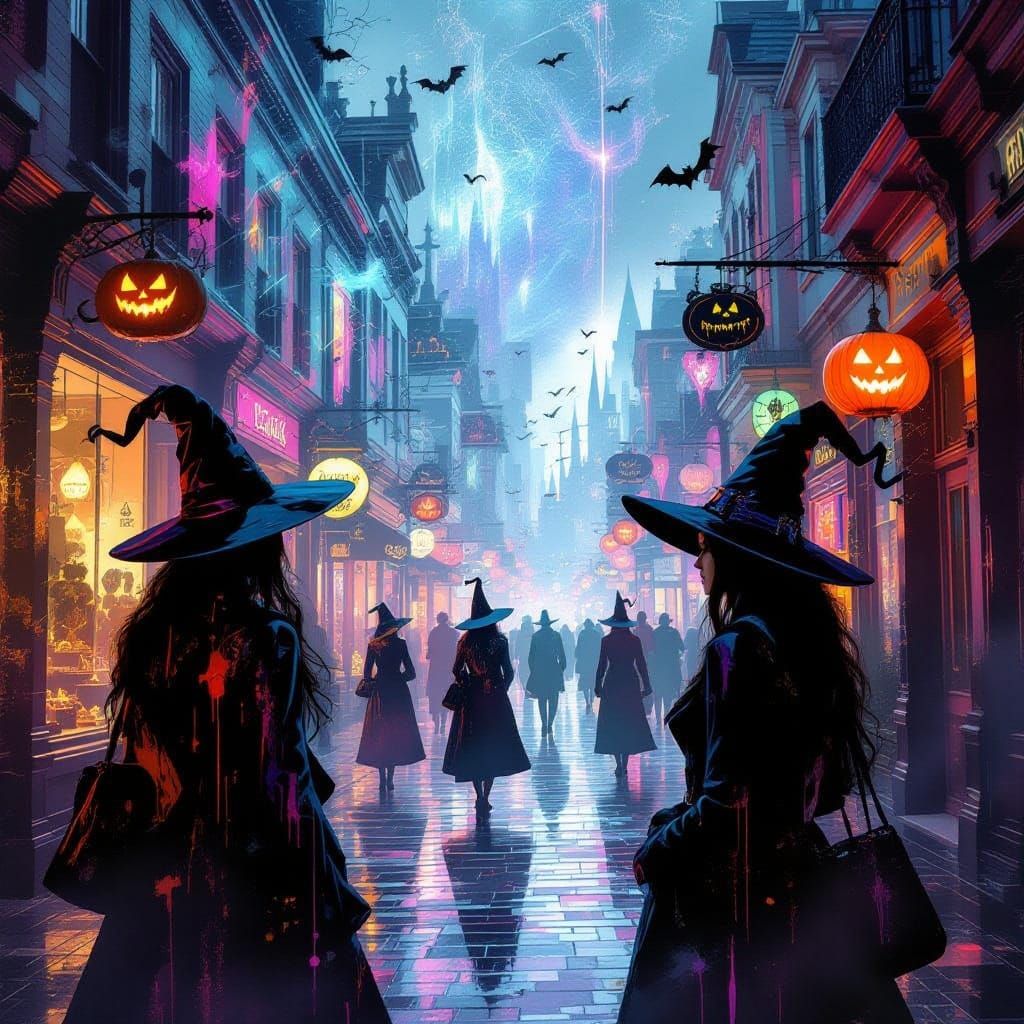 Ethereal Witches Observe Halloween Street Scene