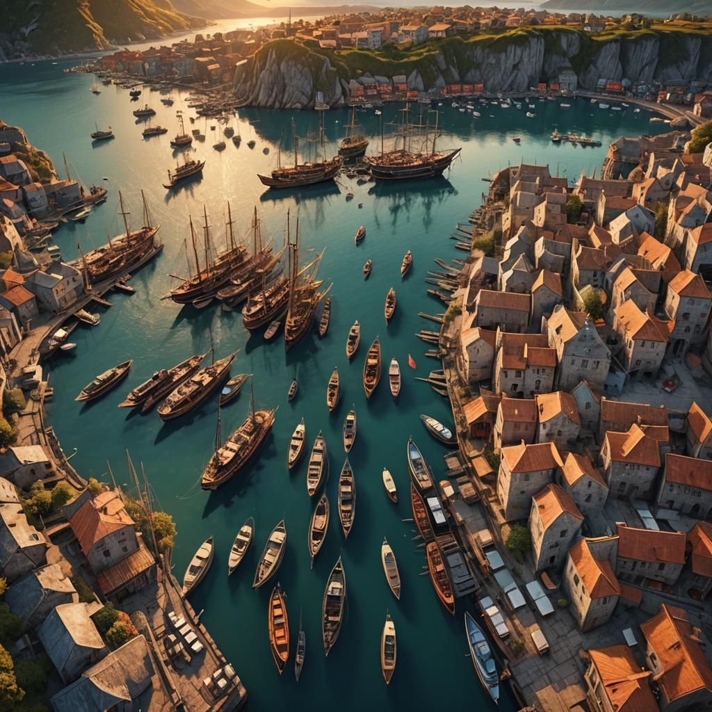 Fantasy Harbour Sunset: Drone View, Digital Painting