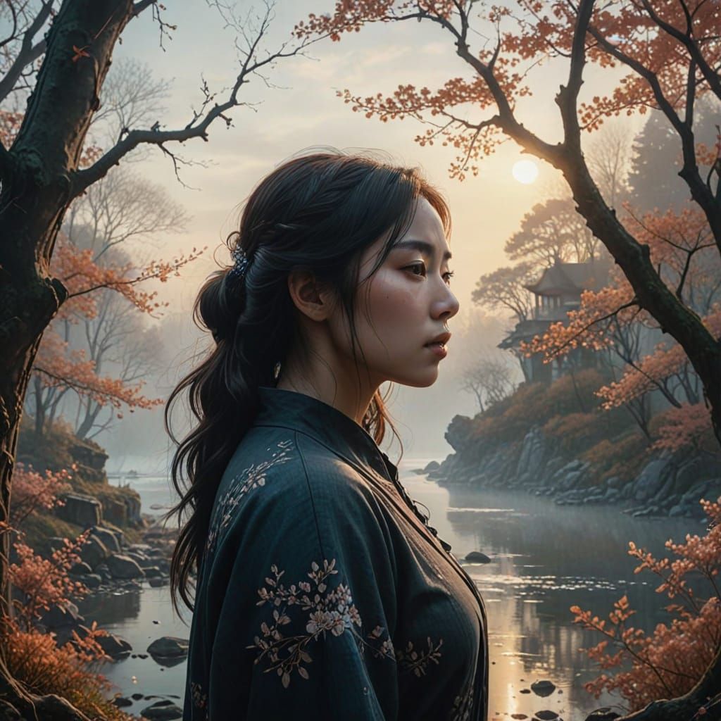 Surreal Double Exposure of Woman and Autumn Blossoms