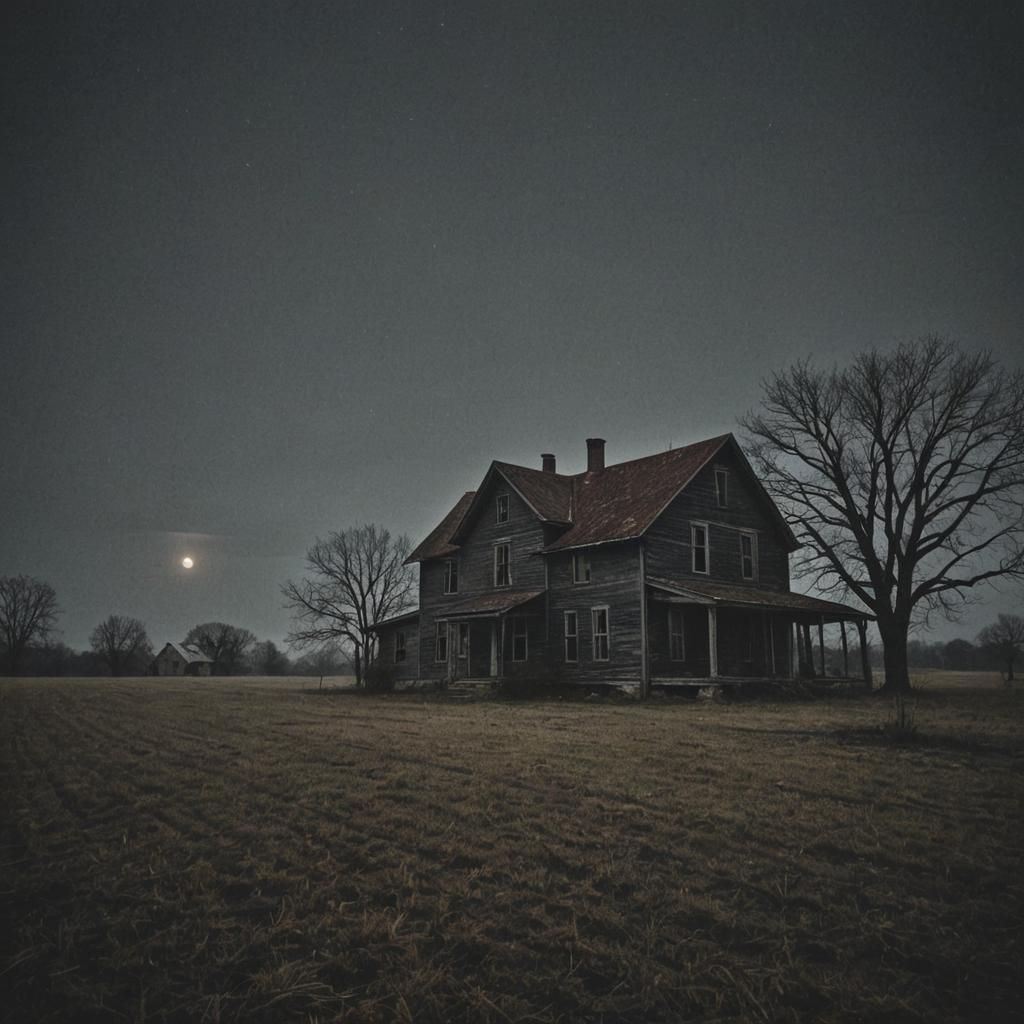 Ominous Deserted Farmhouse at Night