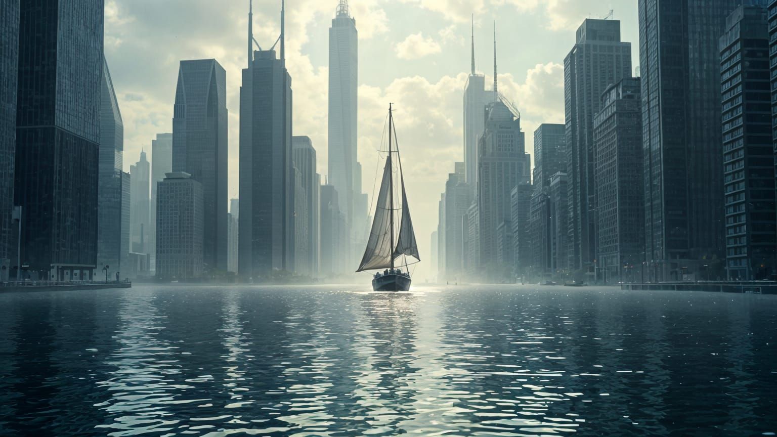 Boat Floats Over Sunken City in Clear Water
