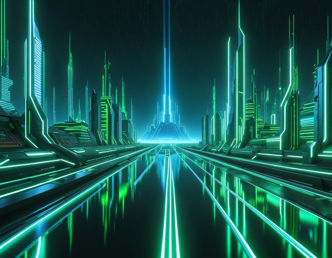 Tron-Style Mega City with Plasma Lines and Rain