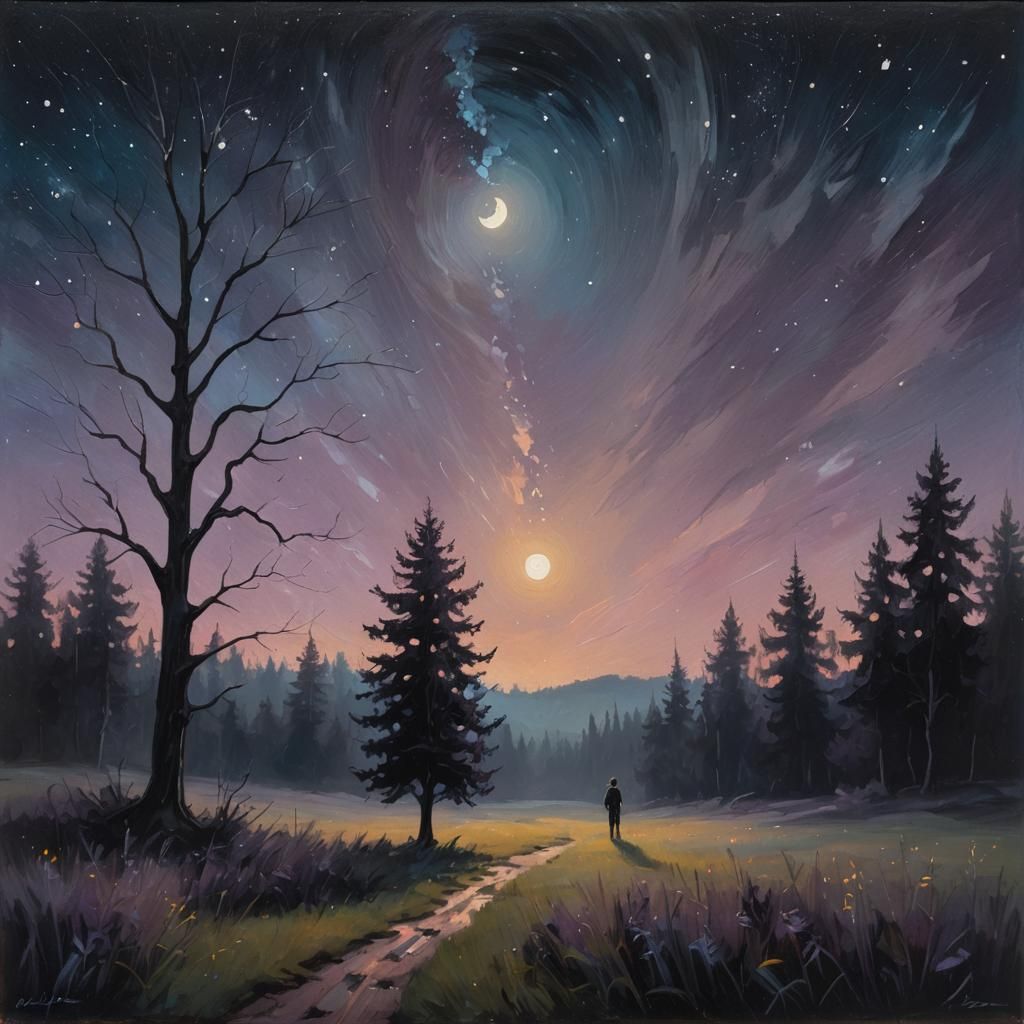 Nocturnal Landscape with Figure, Oil Painting Style