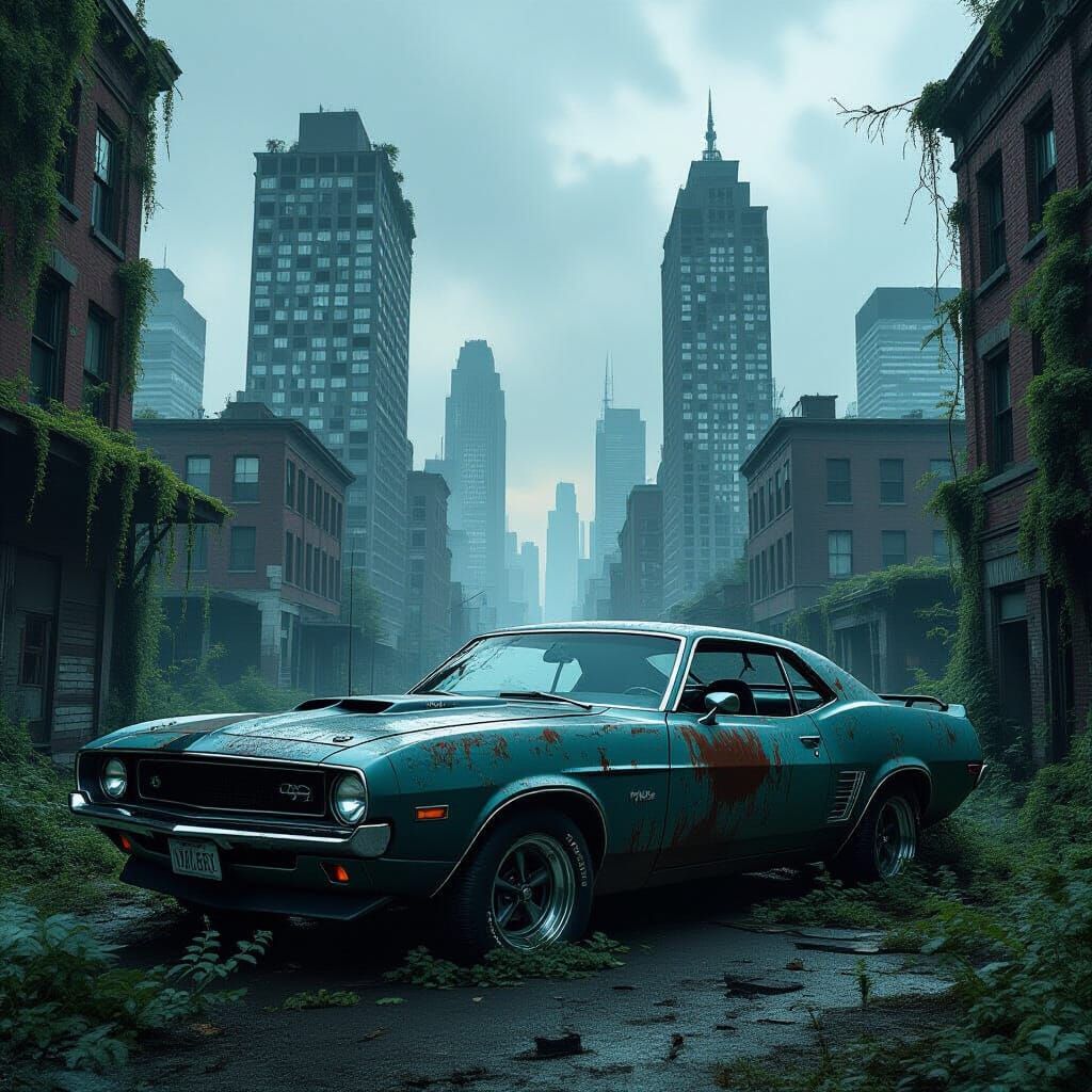 Abandoned Muscle Car in Overgrown Metropolis Digital Art