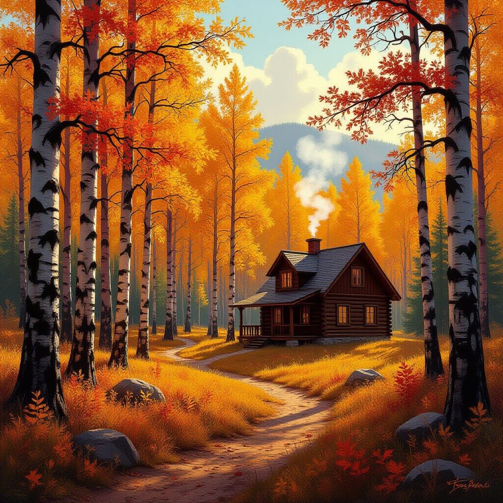 Autumn Larch Forest Clearing With Chalet