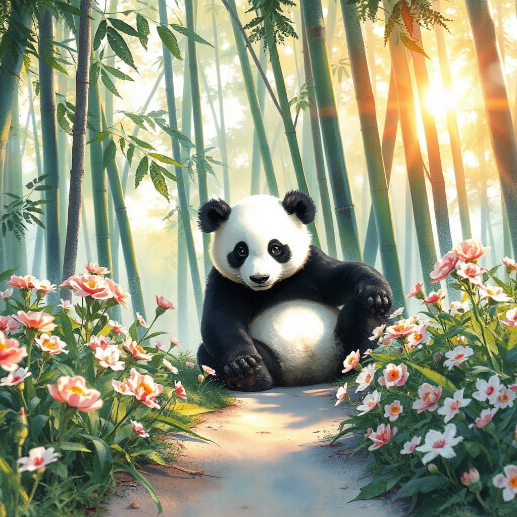 Adorable Panda in Sunlit Bamboo Forest, Watercolour Style