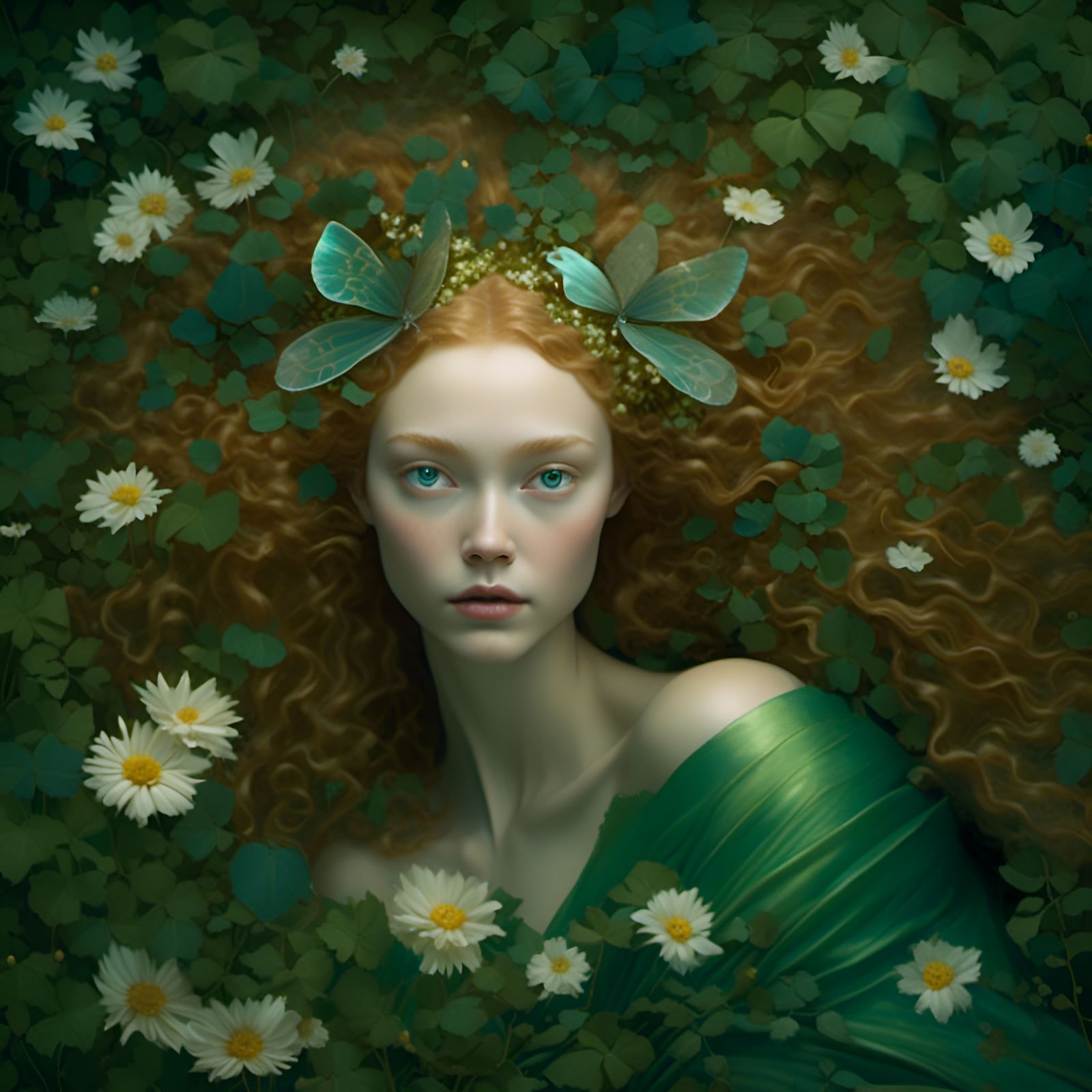 Titania Portrait in Forest Bed, Storybook Illustration