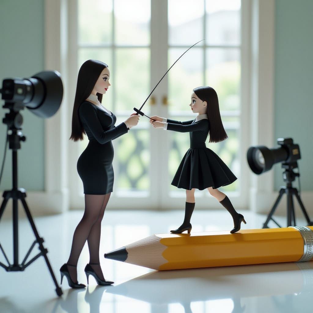 Addams Family Fencing on Pencil, Surreal Anime Style