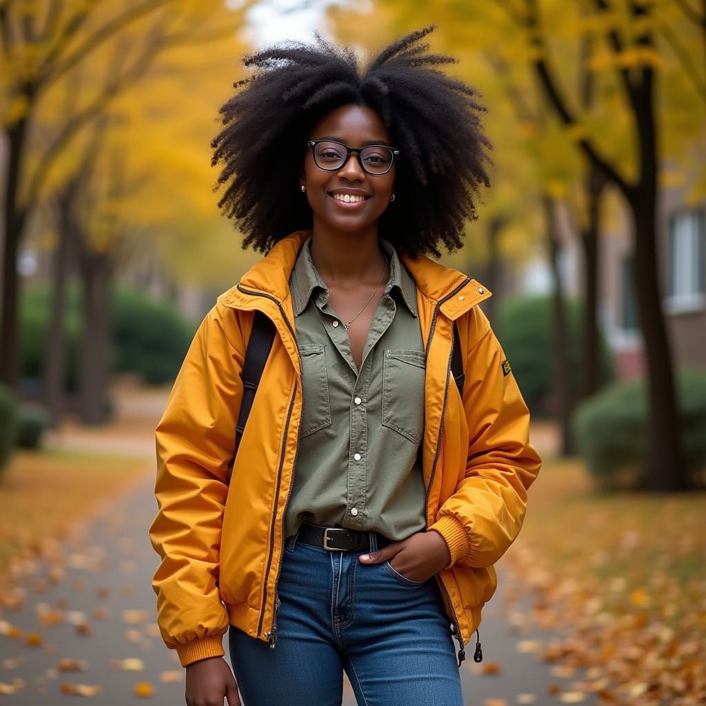 African American Woman in Autumnal College Scene