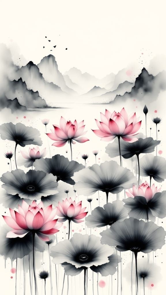 Serene Ink Wash Lotus Landscape with Wet Watercolor Mountain...