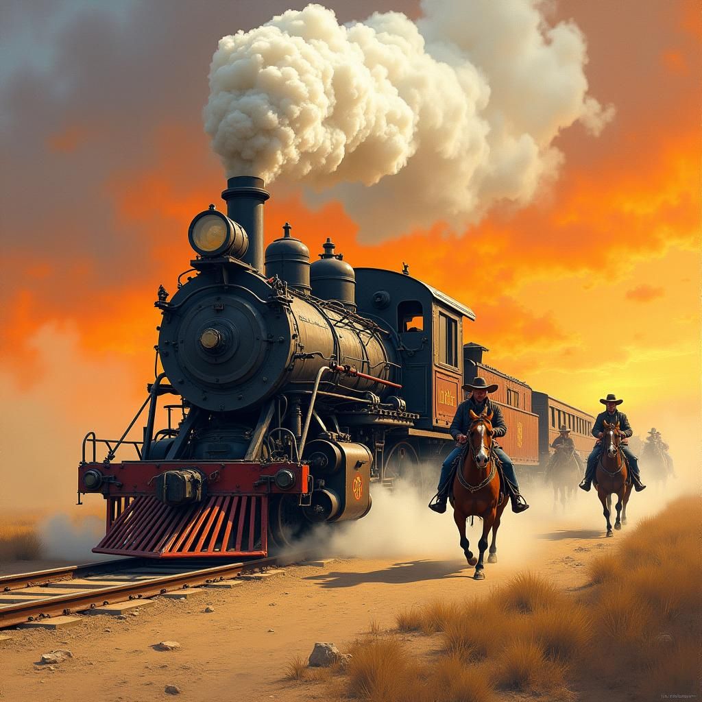 Outlaws Commandeer Steam Engine at Sunset: Western Art