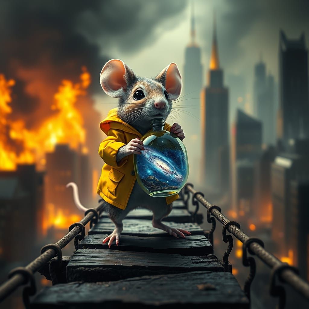 Brave Mouse Defies Burning City in Surreal Matte Painting