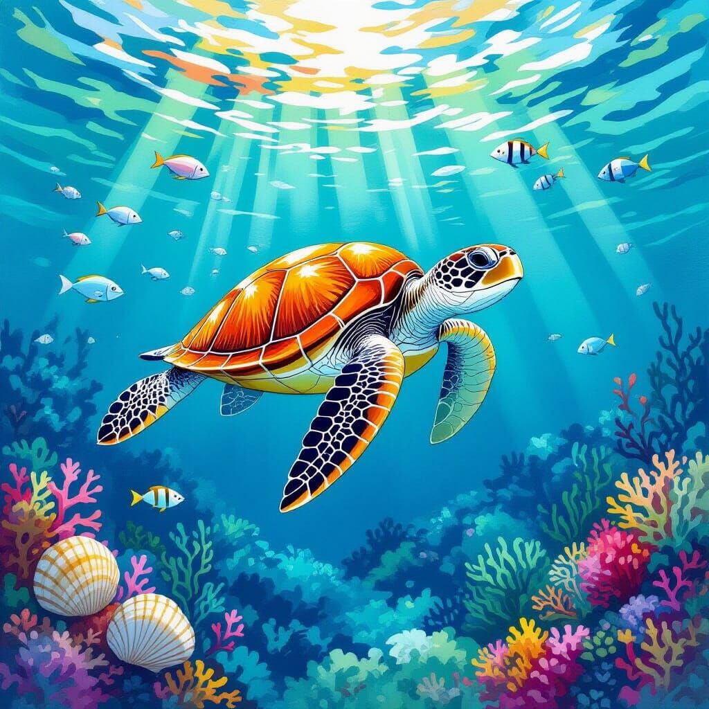 Turtle's Ocean Home: Impressionistic Underwater Scene