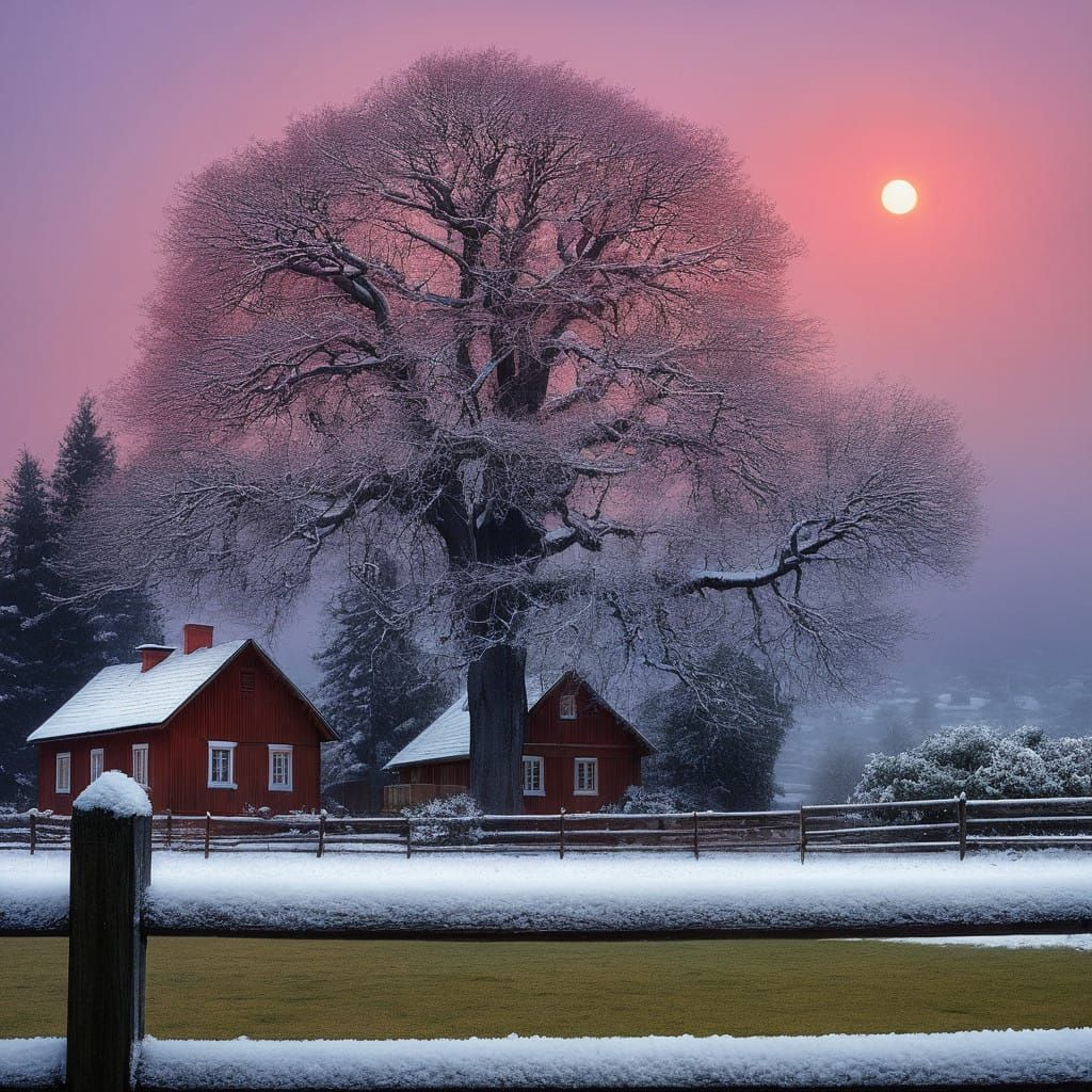 Winter Wonderland with Oak and Pines in Sunset Glow