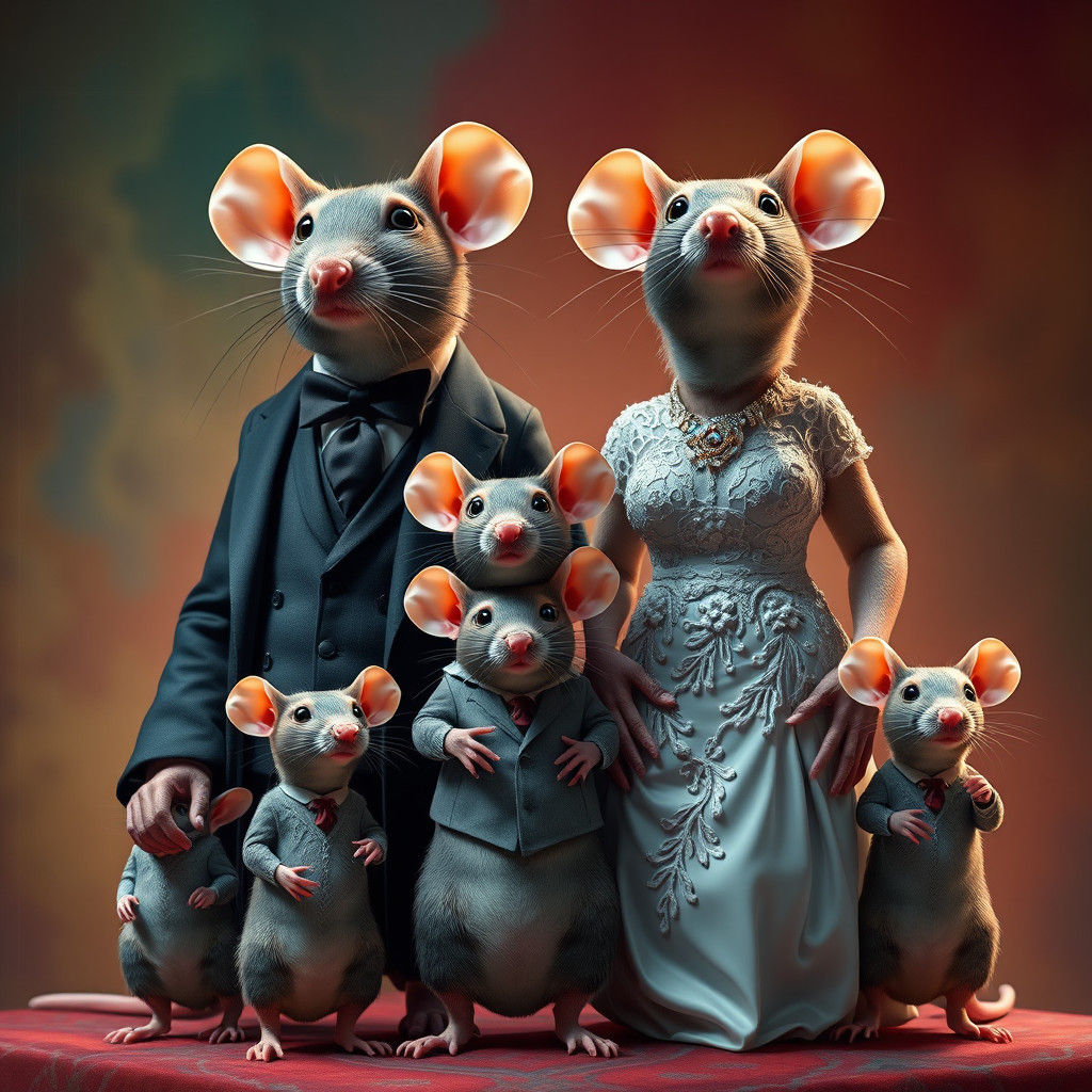 Elegant Rat Family Portrait in Hyperrealistic Style