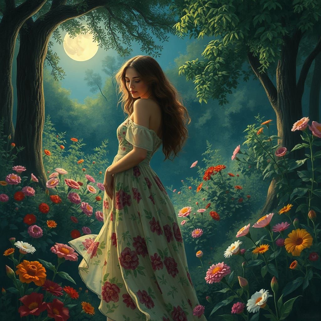 Moonlit Garden: Woman in Impressionist Style