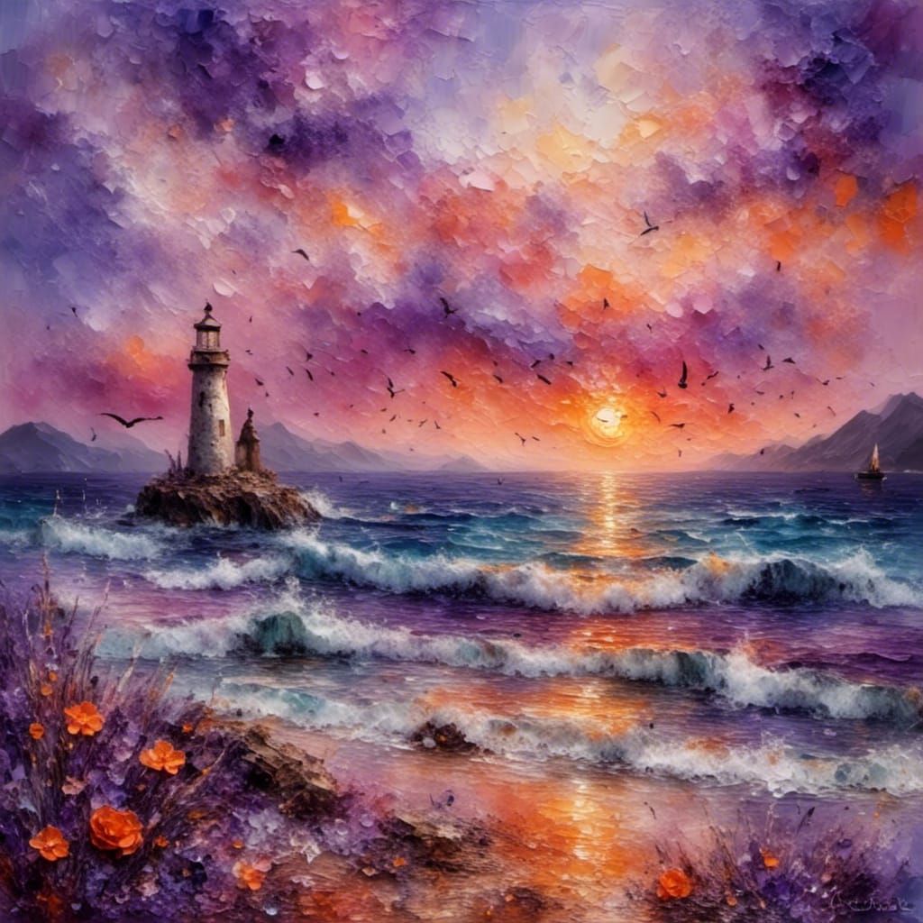 Sunset Seascape in Acrylic Impasto Style