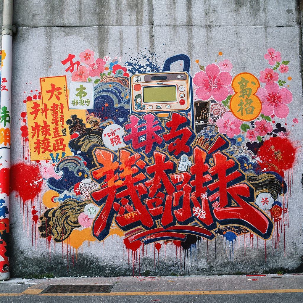 Graffiti Mural Merging Retro Tech with Japanese Art