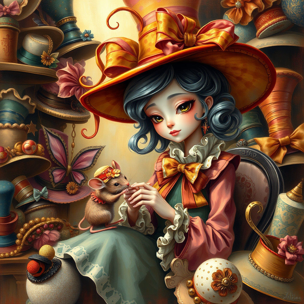 Whimsical Hatter Portrait with Mouse in Wonderland