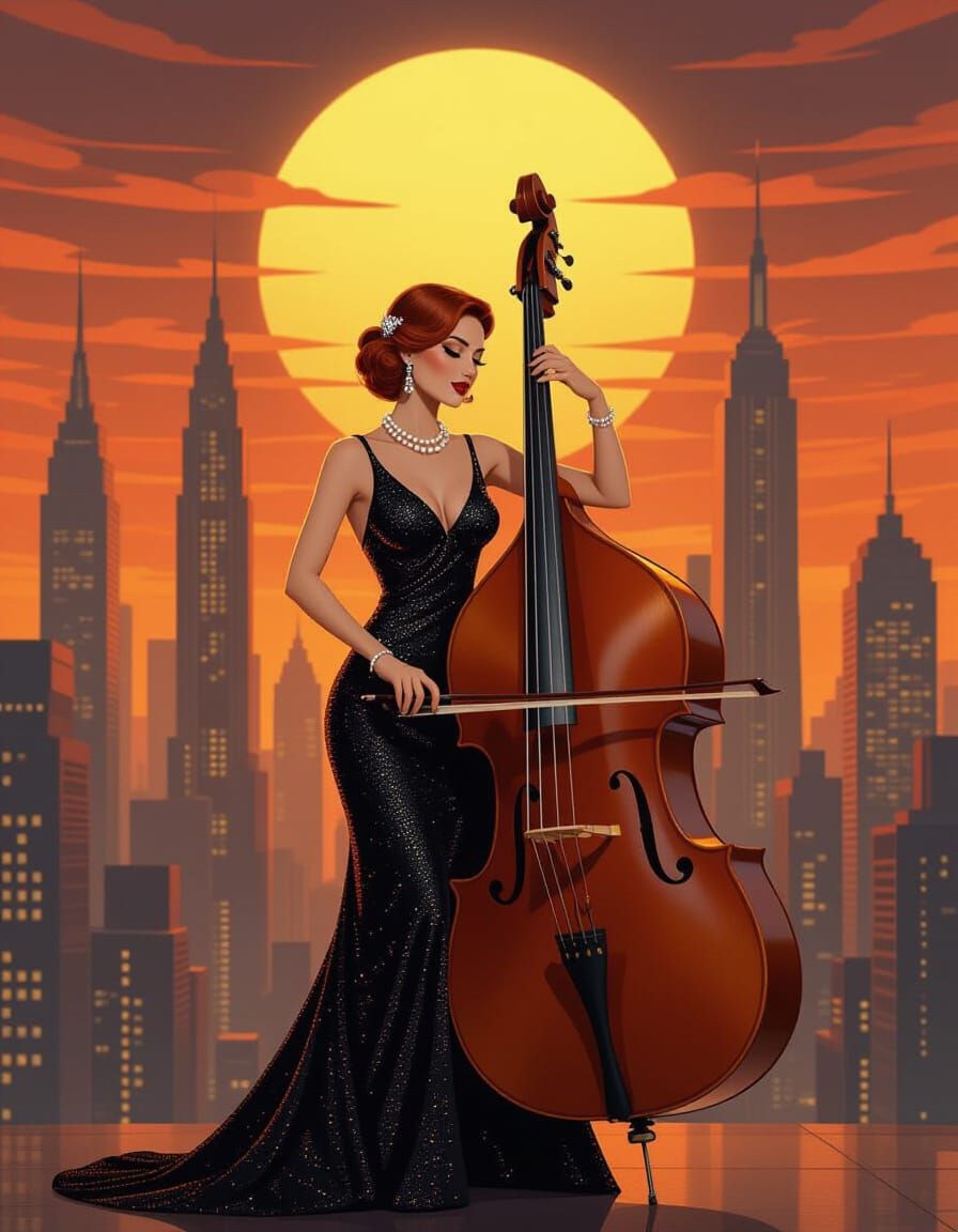 Art Deco Musician Plays Double Bass at Sunset