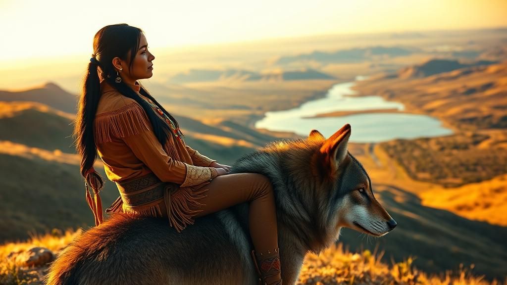 Comanche Woman and Wolf Companion at Sunset