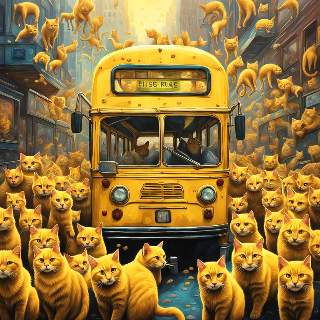 Vintage Yellow Bus Overflowing with Yellow Cats