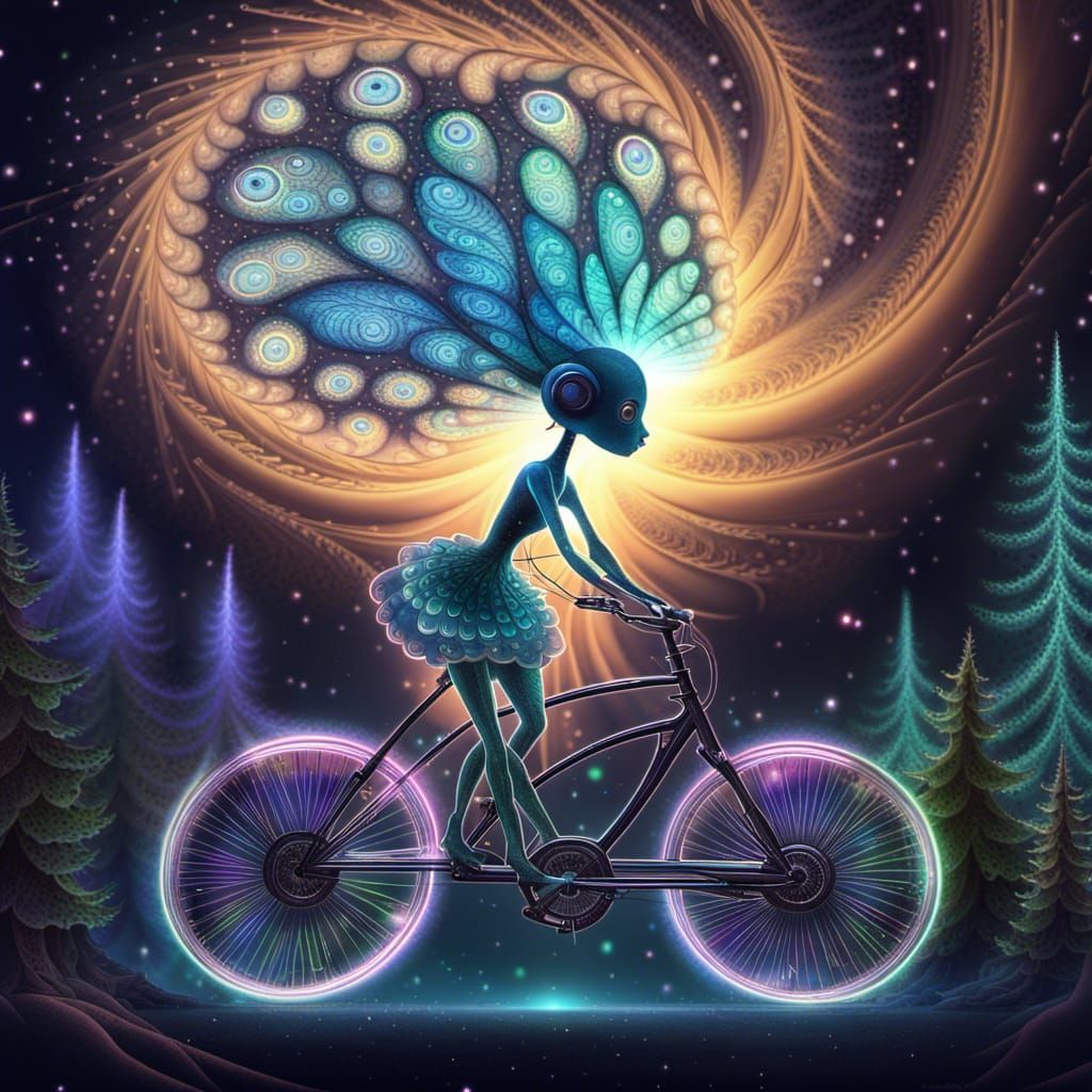 Baby Wizard Rides Steampunk E-Bike in Fractal Forest