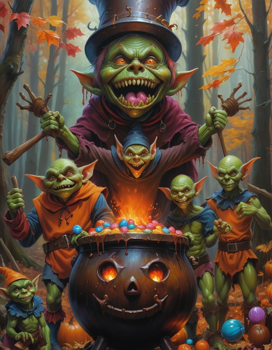 Goblins and Candy Cauldron in Autumn Forest