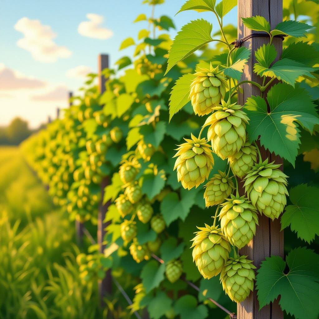 Lush Hop Bines on a Fence, Botanical Illustration Style