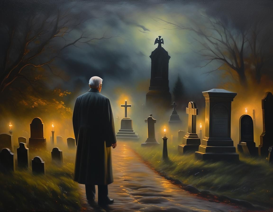 Ghostly Graveyard Encounter in Hyperrealistic Oil Painting