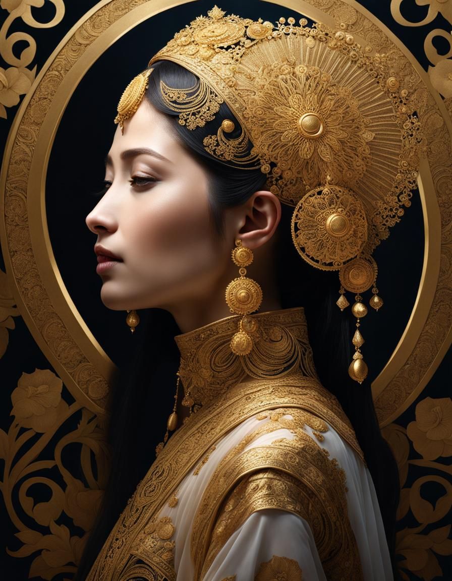 Ethereal Portrait with Golden Motifs in Klimt Style