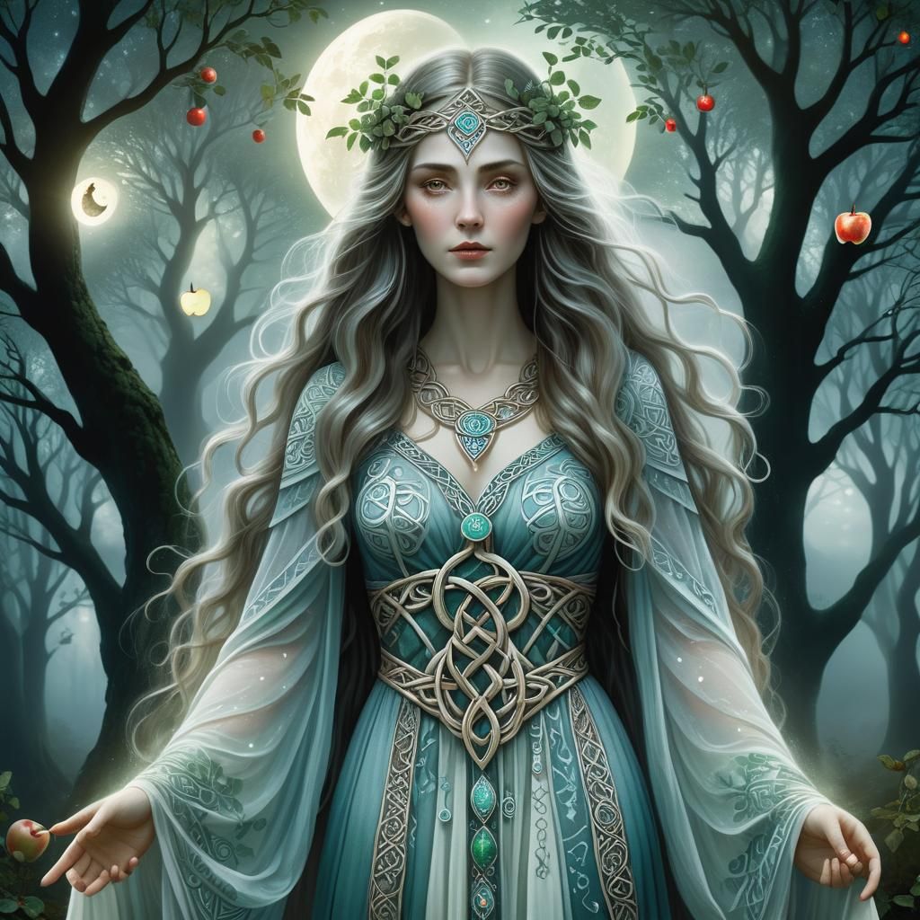 Mystical Celtic Priestess in Moonlit Forest