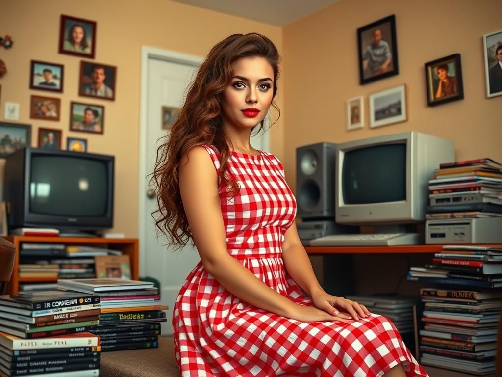 90s Fashion Lady in Retro Living Room