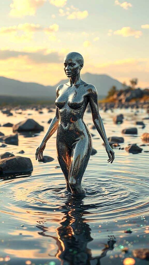 Chrome Goddess Emerges in Surreal Landscape