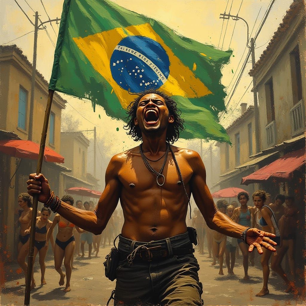 Poverty Amidst Turmoil in a Chaotic Scene, Brazilian Flag
