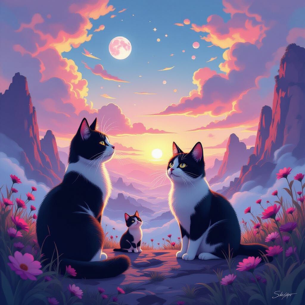 Whimsical Cats in a Surreal, Dreamlike World