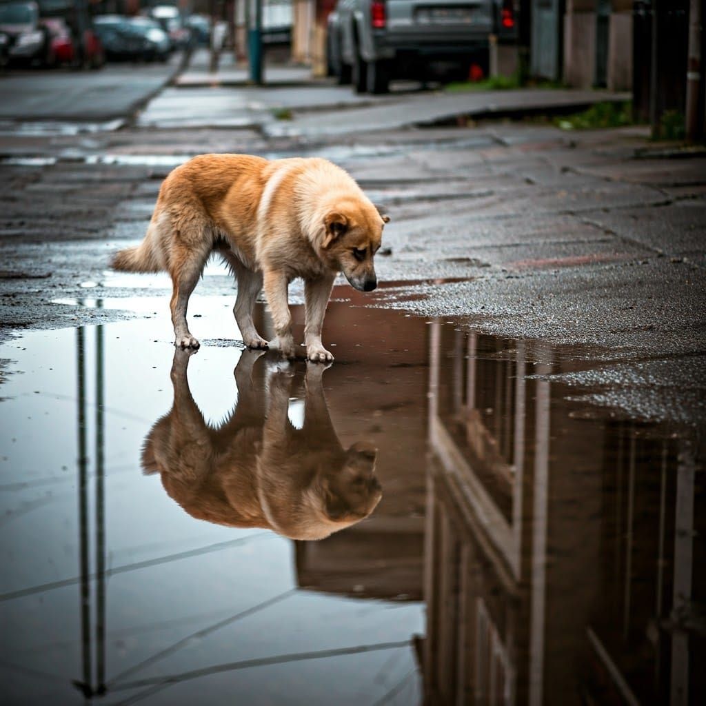 A Puddle Reflects a Mysterious Stray Dog