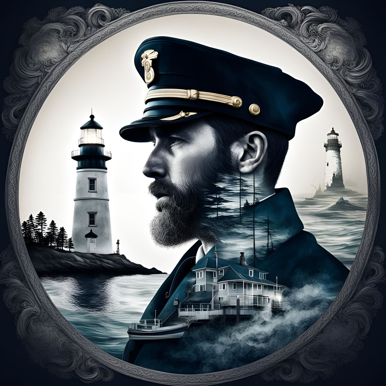 Double Exposure: Lighthouse and Sea Captain