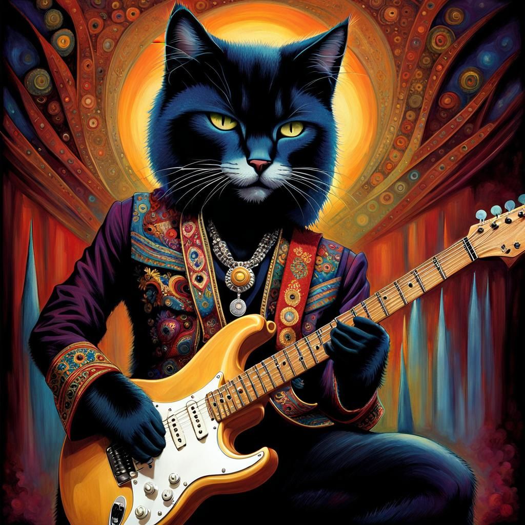 Cat Guitarist: Hendrix Tribute in Social Realism Style